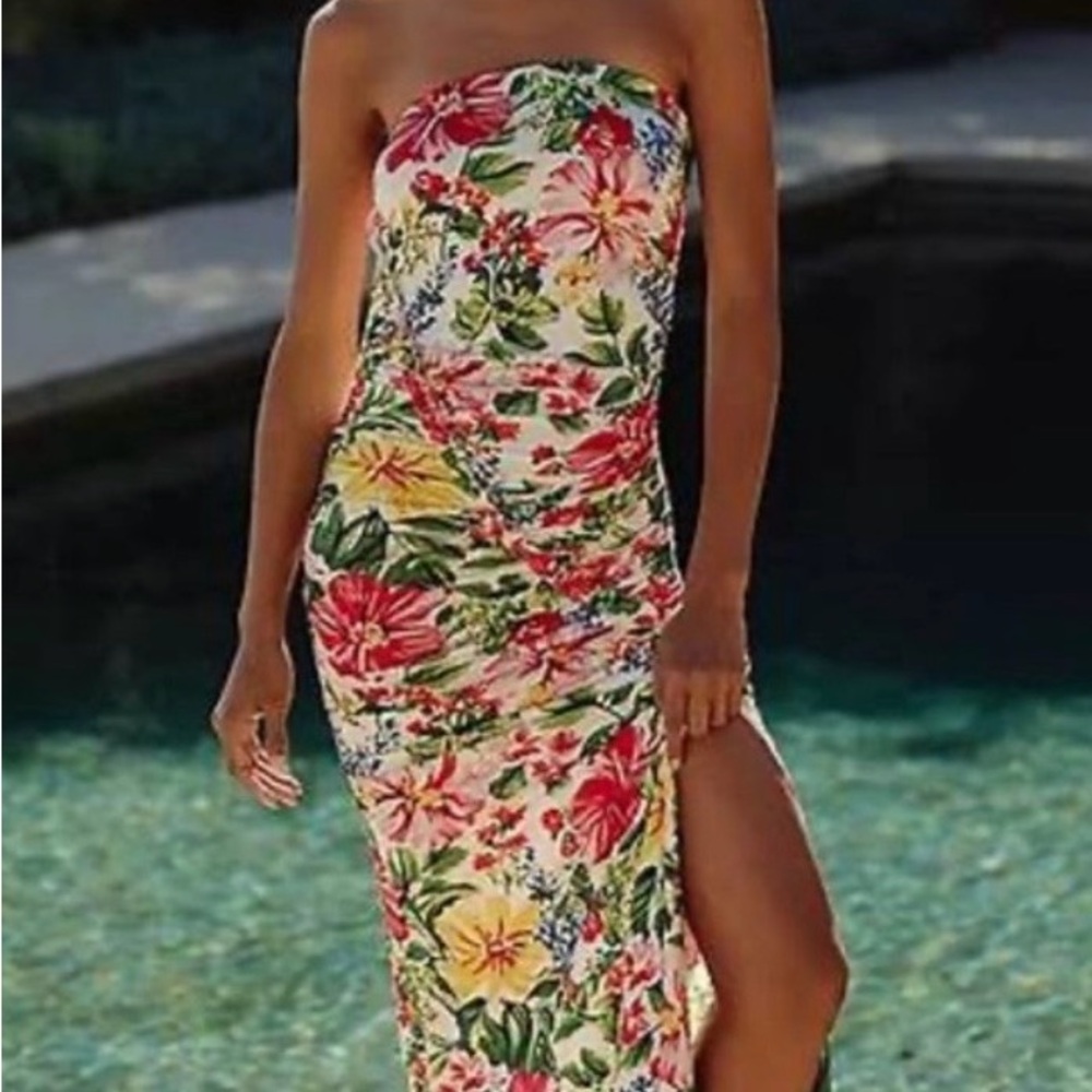 Tropical Floral Strapless Dress